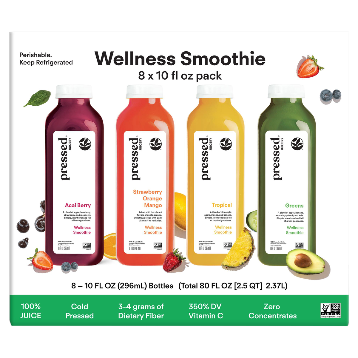 Pressed Juicery Variety Pack - Acai Berry, Strawberry Orange Mango, Tropical, Greens