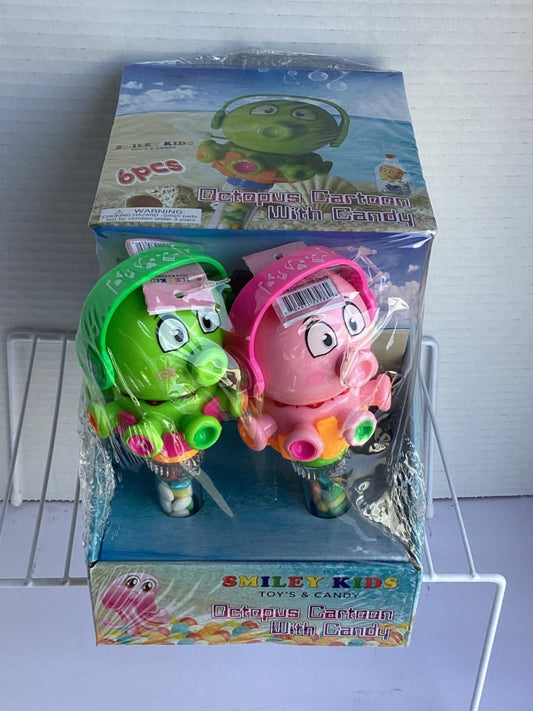 Two toy octopuses in packaging on a white stand with a white background